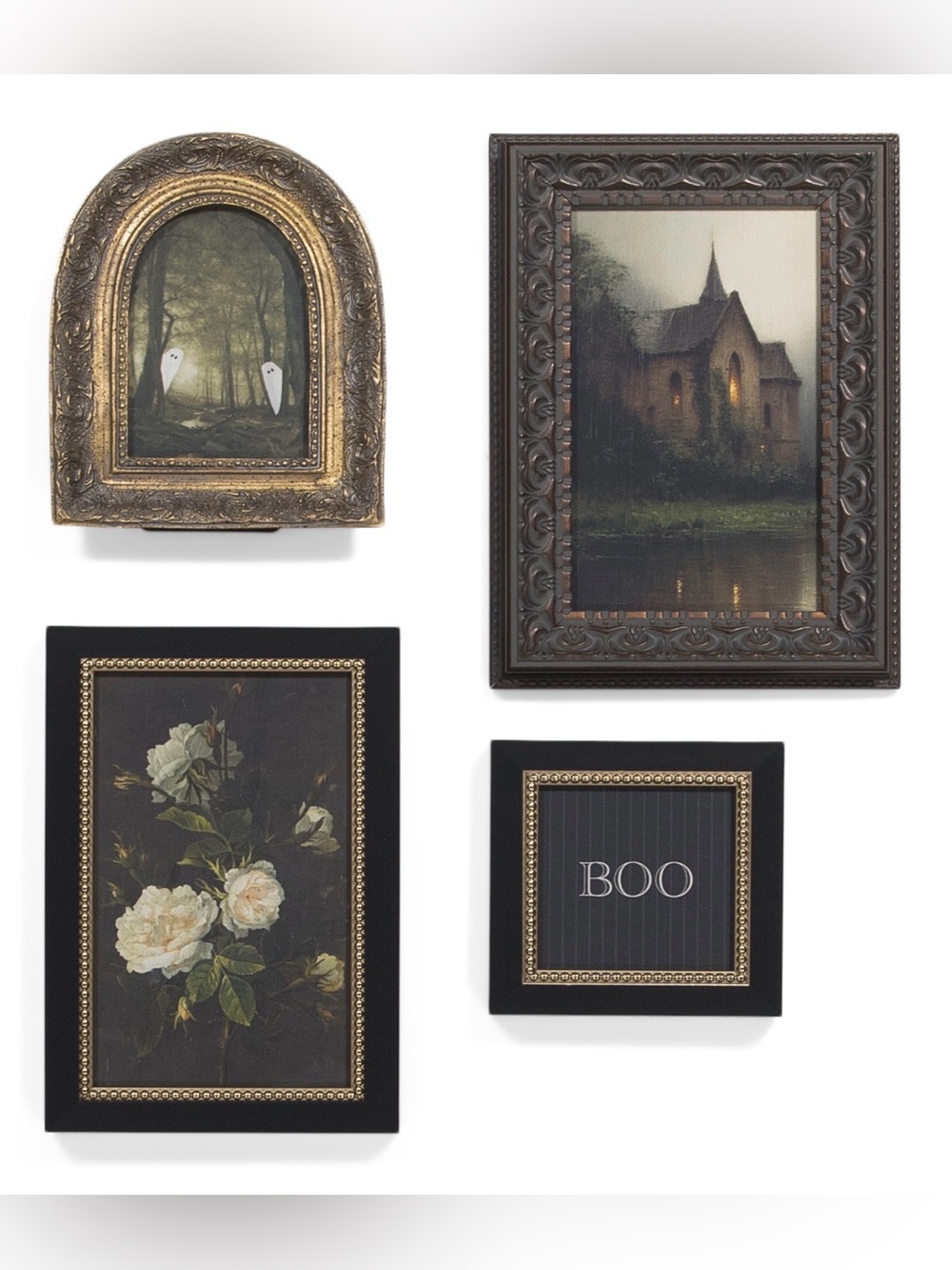 Halloween Petal Lane Vintage Framed Ghost haunted house BOO white rose Wall Art